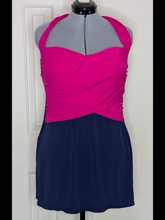 Catalina Other - Flirty CATALINA XL 16/18 Hot Pink & Navy One Piece Swimsuit with Halter & Skirt